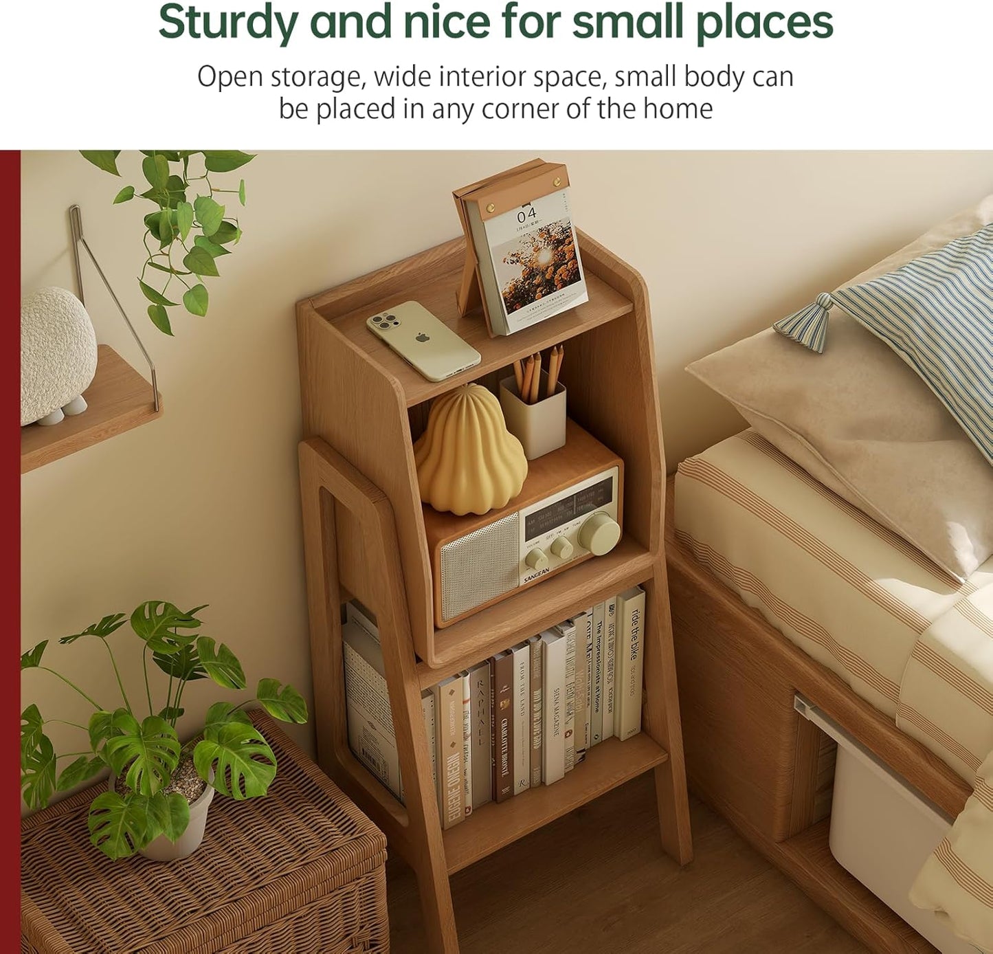 100% Solid Oak Ladder Shelf with Cabinet, 32.67" Tall Nightstand with Stable Frame for Bedroom, Small Bookcase for Living Room Nursery(Natural, Fully Assembly Furniture)