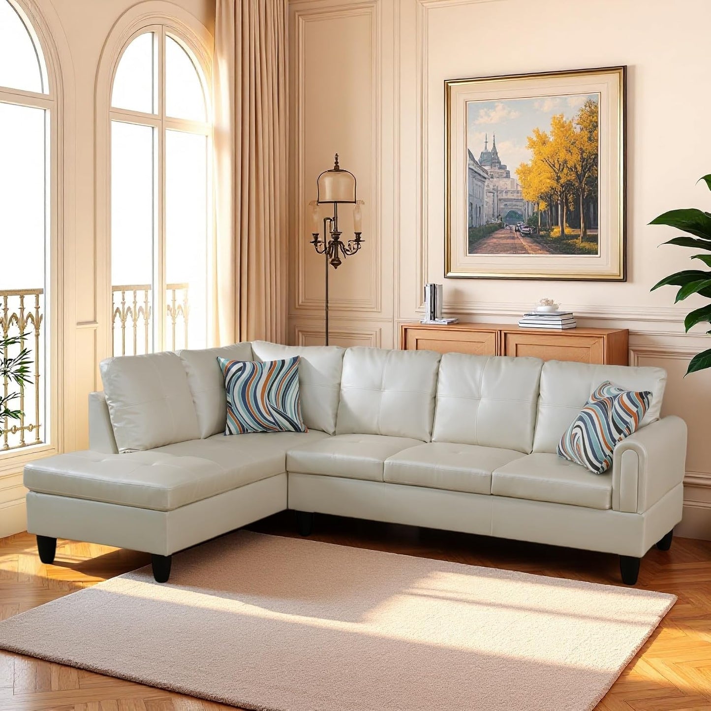 L Shaped Couch Sectional Couches with Chaise, 3 Pieces Modular Convertible Sofa for Living Room Furniture Sets and Small Apartment Faux Leather, Pearl White