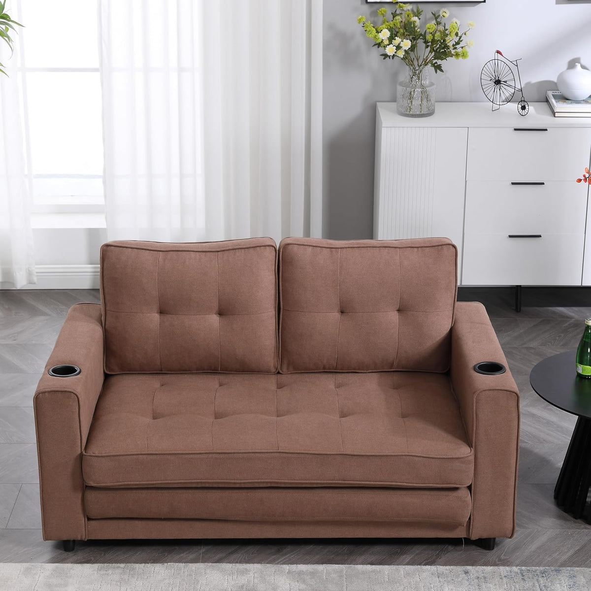 ERYE 3 Fold Tufted Upholstered Futon Sofa Bed Modern Convertible Foldable Floor Loveseat Sofabed with Pull Out Sleeper Couch Daybed W/Cupholders and Pockets for Living Room