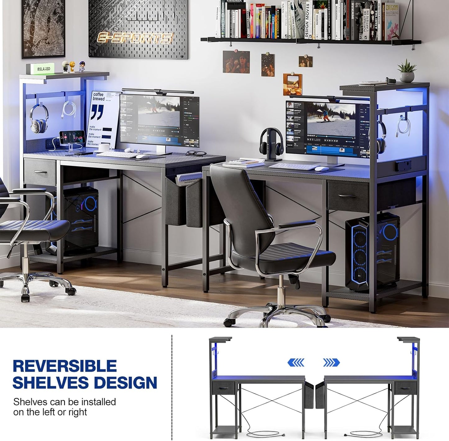 Gaming Desk 47 Inch with Power Outlet and LED Light, Computer Desk with Reversible Shelves and Storage Drawer, Pc Small Desk for Home Office Table with Bag, Carbon Fiber Grey