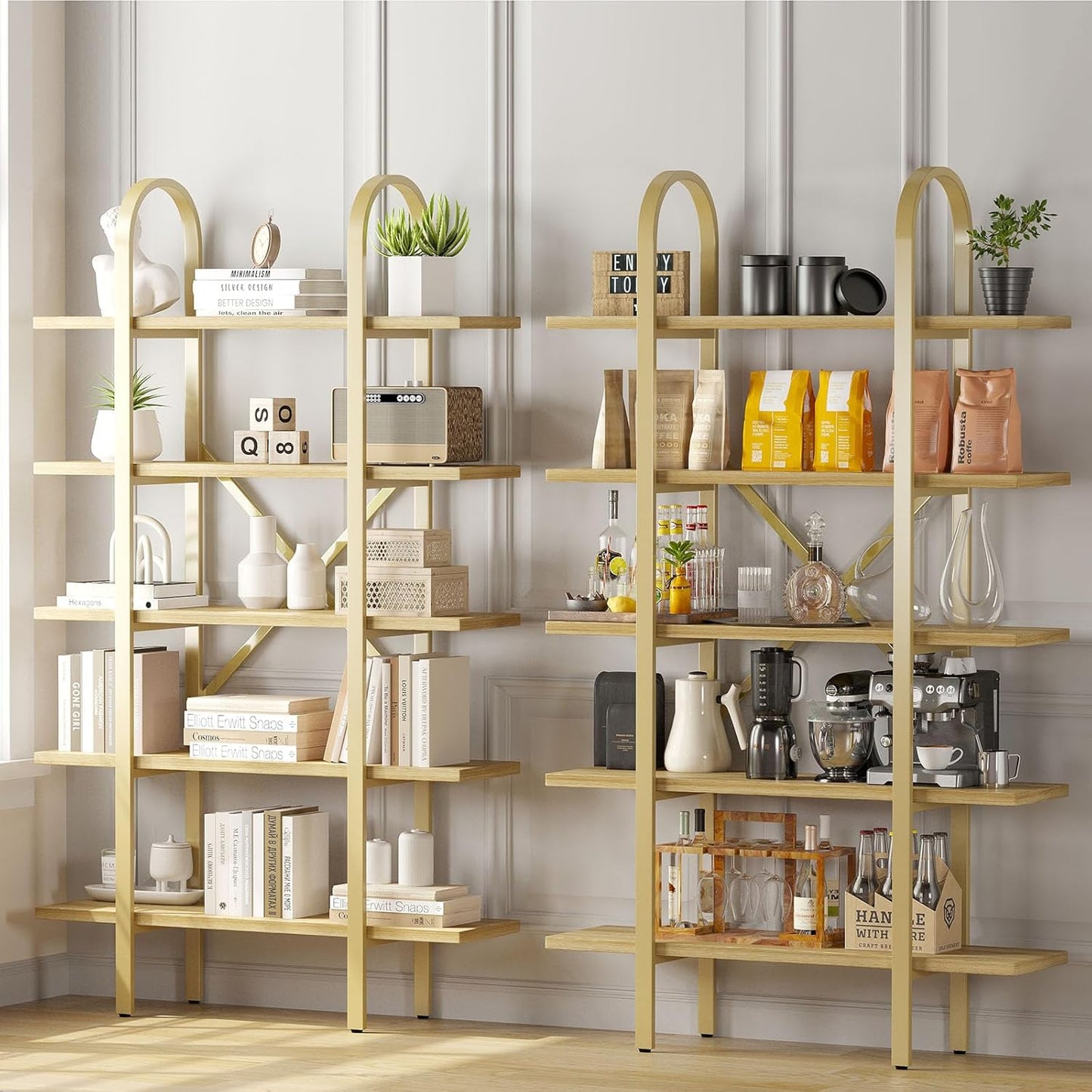 Wide Bookshelf Arched Bookcase, Industrial 5 Tier 72" Tall Freestanding Heavy Duty Display Rack for Home Office, Living Room,Nature Wood & Gold,Easy Assembly