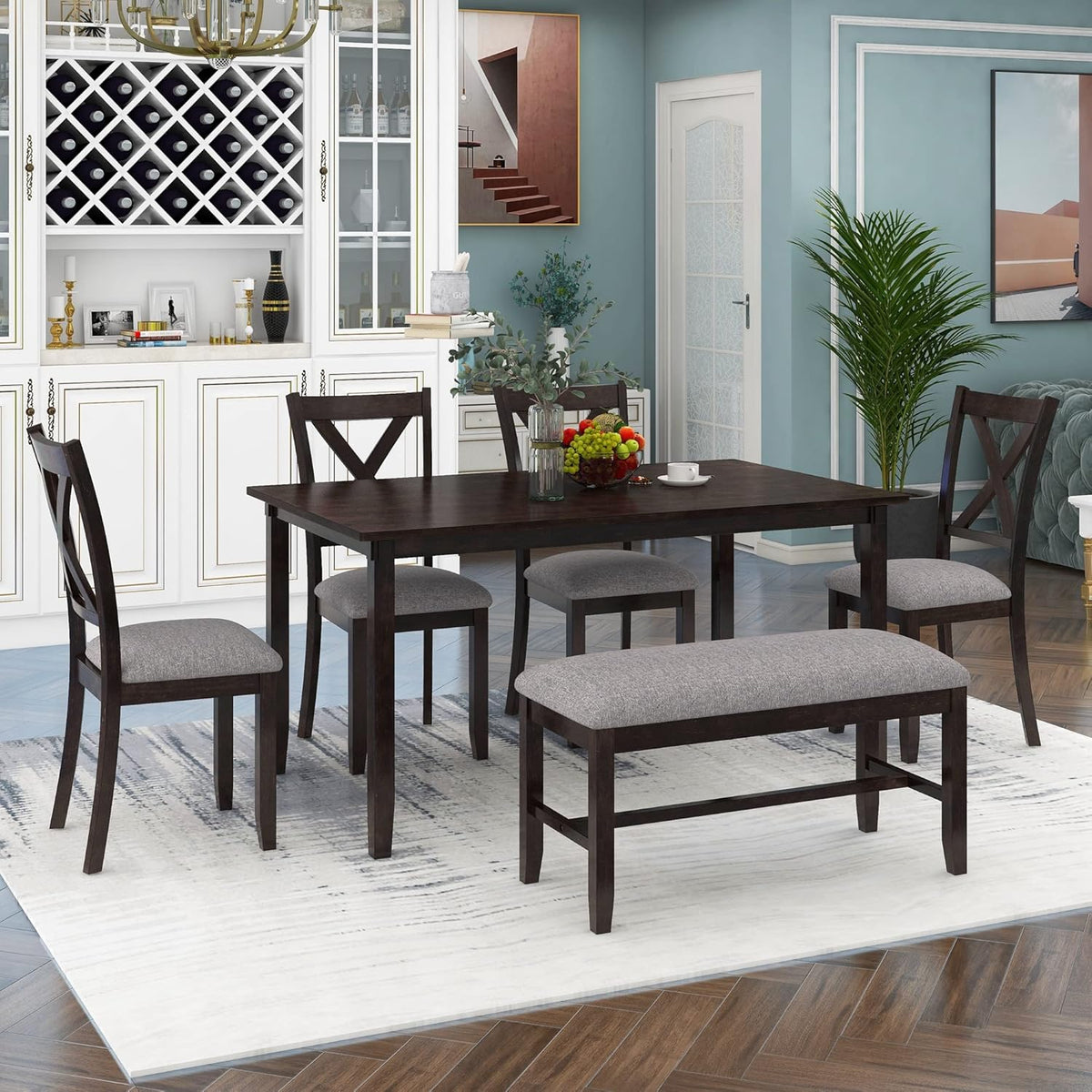 6 Pieces Dining Table Set with 60" Rectangle Kitchen Desk,Living Room Furniture W/ 4 "X-Shaped Curved Backres Fabric Chairs & 1 Bench,for Restaurant,Home Bistro,Espresso