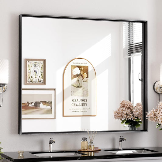 Keonjinn Black Framed Mirror 42 x 36 Inch Bathroom Vanity Mirror for Wall Metal Frame Rectangle Bathroom Mirror Large Farmhouse Mirror Modern Matte Black Mirror for Over Sink(Horizontal/Vertical)