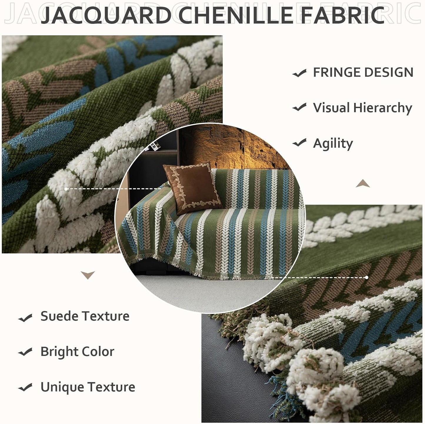 STACYPIK Thick Jacquard Green Couch Cover, Washable Sofa Cover for 2 Cushion Couch, Washable Chenille Couch Cover Blanket, Multi-use Sofa Protector Slipcover, Furniture Protector Pet-Friendly-71X118IN