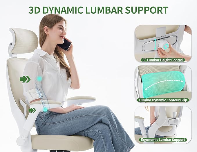 Office Chair - Ergonomic Desk Chair with Adjustable Headrest Lumbar Support Computer Chair - Mesh Comfy Chairs with Flip-up Armrests - Big and Tall Gaming Chairs for Adults Home Office(Beige)