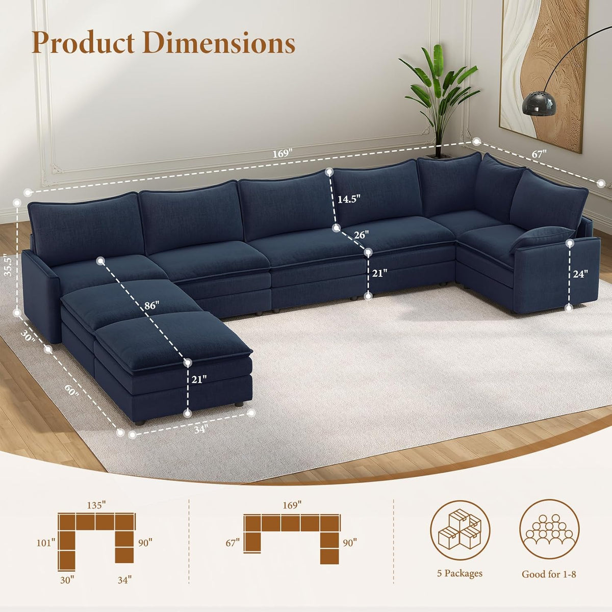 Vesgantti Large Modular Sectional Sofa, Big Comfy Cloud Couch with Ottoman Deep Seat Chenille Cloud Sofa, 8 Seater Large Sectional Couches for Living Room, Bedroom and Apartment, Blue