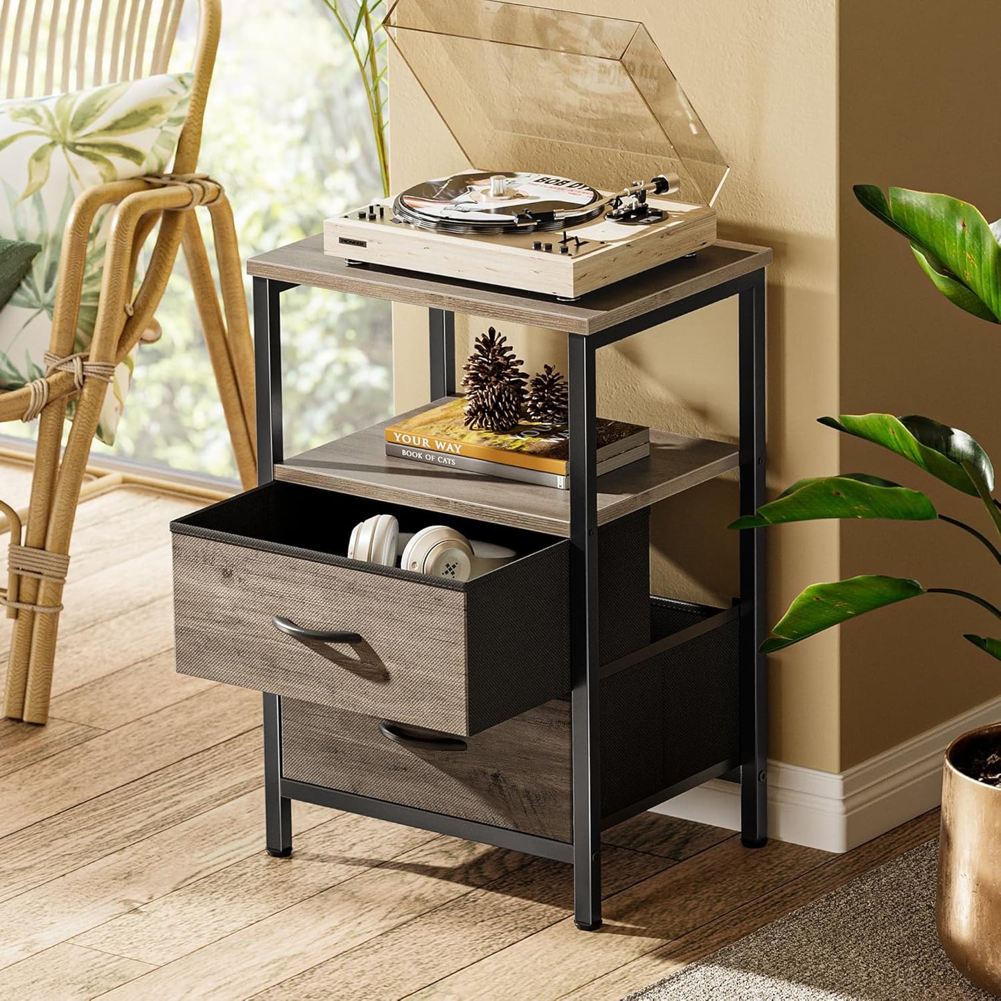 Huuger Night Stand Set of 2, Nightstand with 2 Drawers, Bed Side Table with Open Shelf, Wooden Top, End Table, Fabric Drawer with Oak Wooden Print Surface, for Bedroom