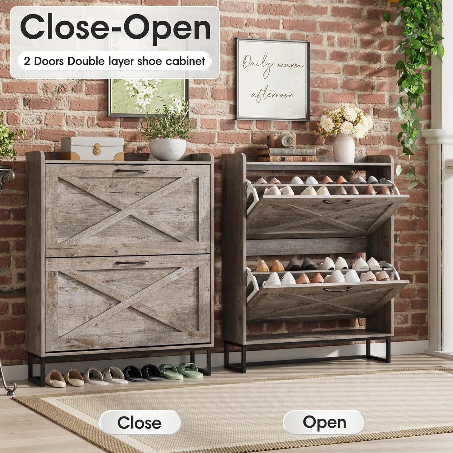 Maupvit Shoe Storage Cabinet with 2 Flip Drawers, Freestanding Organizer with Metal Legs for Entryway, Narrow Shoe Rack Cabinet, Light Rustic Oak