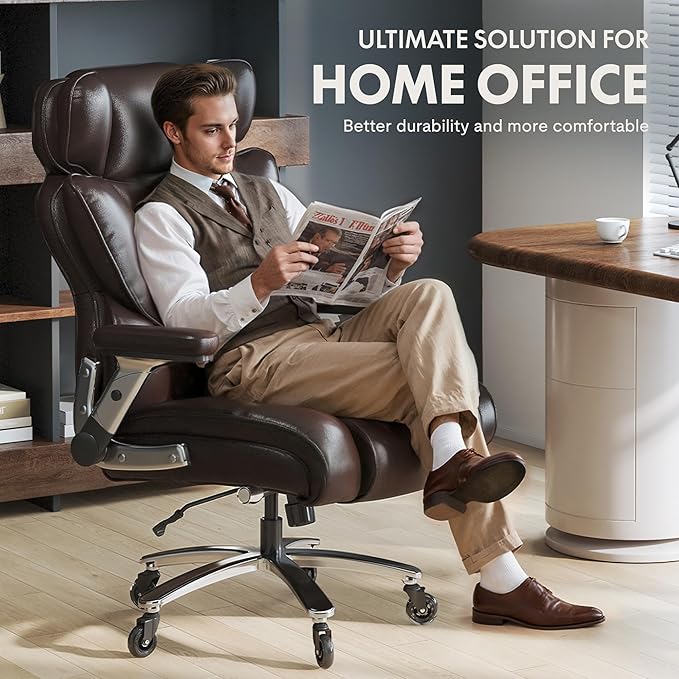 FLEXISPOT 600lbs Big and Tall Office Chair for Heavy People, Heavy Duty Computer Desk Chair with Dynamic Lumbar Support 2D Armrest Blade Wheels, Chairs for Home Office Gaming Working, Leather, Brown