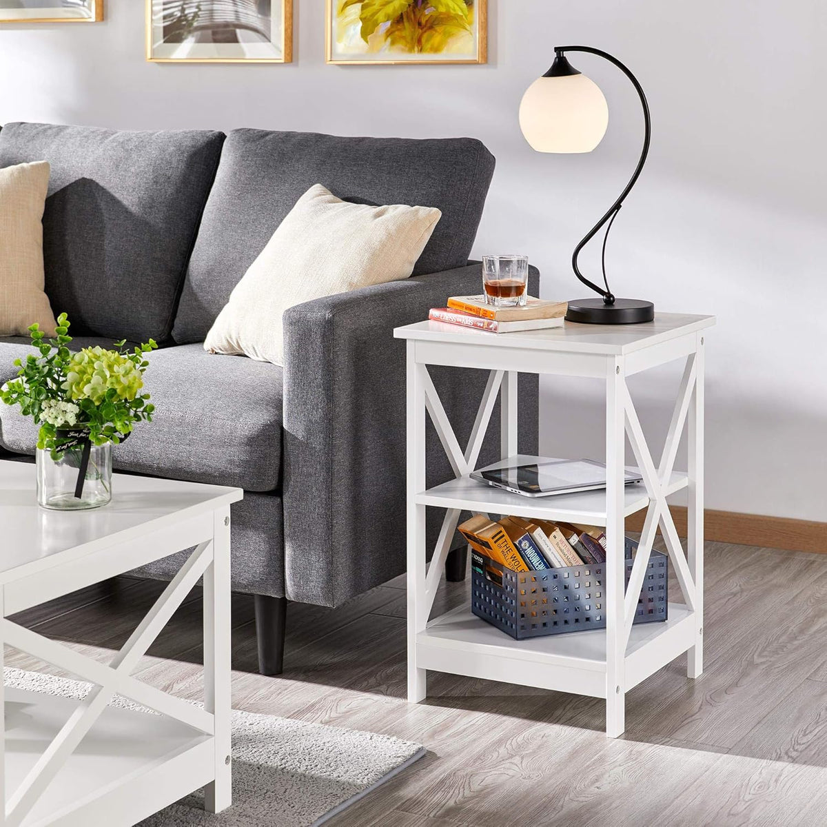 Yaheetech 3 Tier Sofa Side End Table with Shelf, X Shaped Sturdy Large Chair Side Snack Table for Living Room, Display Unit Organizer, White, 15.7 x 15.7 x 24’’ (L x W x H)