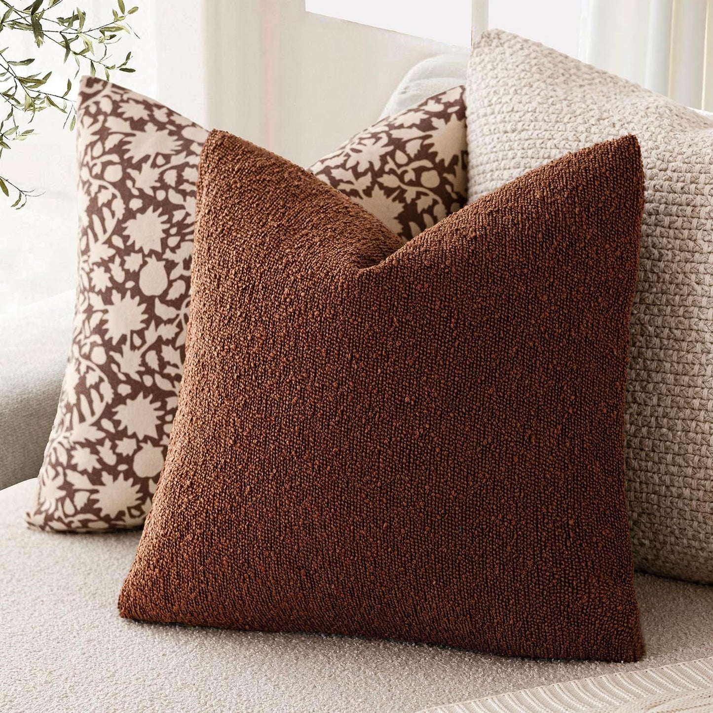 Foindtower Set of 2, Decorative Textured Boucle Throw Pillow Covers Accent Solid Pillow Cases Neutral Soft Cozy Couch Cushion Case for Chair Sofa Bedroom Living Room Home Decor 24x24 Inch Red Taupe