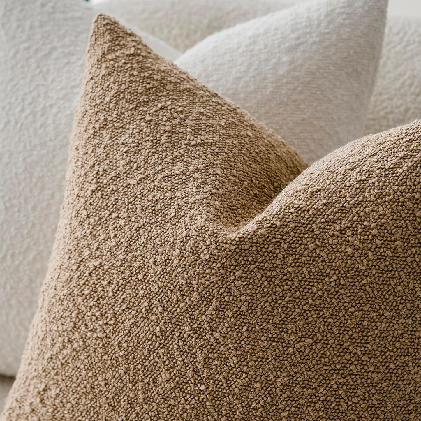 Foindtower Set of 2, Decorative Textured Boucle Throw Pillow Covers Accent Solid Pillow Cases Soft Cozy Couch Cushion Case for Chair Sofa Bedroom Living Room Home Decor 16 x 16 Inch Taupe Khaki Camel