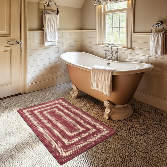 Homespice Autumn Maple Burgundy and Tan Small Braided Rug, Jute, 2x3' Rectangle - Rustic Primitive Decor for Kitchen, Bathroom, Everywhere