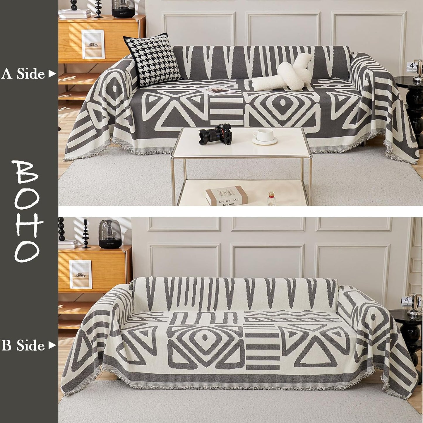 HANDONTIME Reversible Sofa Cover Boho Geometric Couch Cover for Dogs Dark Grey Couches Covers Washable Chenille Couch Covers for 3 Cushion Couch Pet Friendly Furniture Protector for Pets, 71" X150"