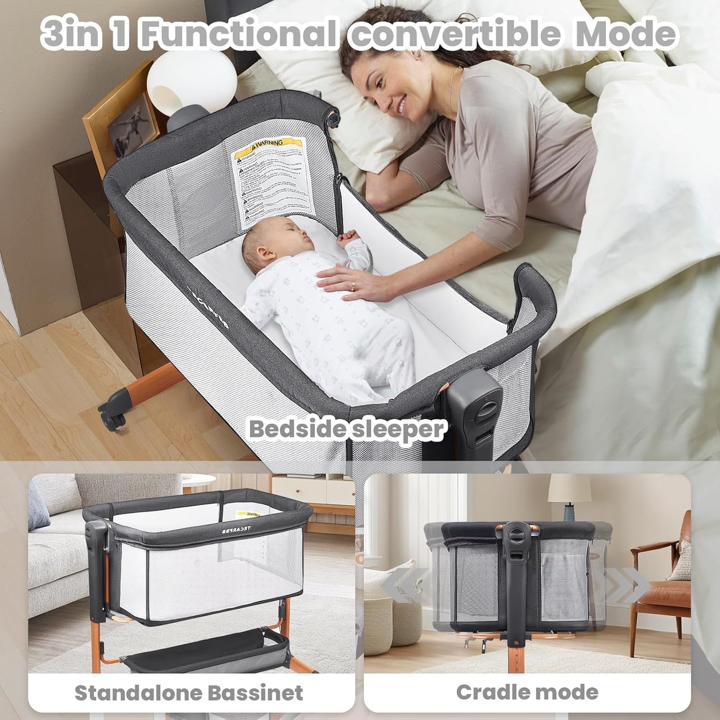 Baby Bassinet, 3 in 1 Bedside Sleeper for Newborn, Bedside Bassinet for Baby with 6 Adjustable Height, Soft Mattress, Compact, Easy to Fold