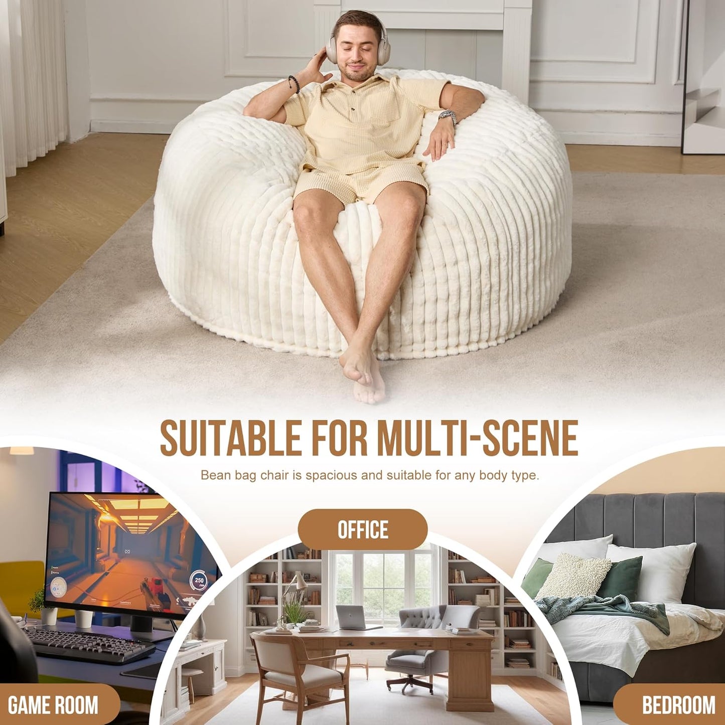 Hobestluk 5ft Bean Bag Chairs for Adults Large Beanbag Chair with Dutch Corded Plush Cover Big Bean Bag Chair for Living Room Bedroom Dorm Office - White (50” x 50” x 24”)