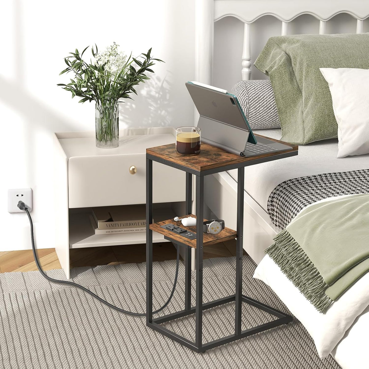Yoobure C Shaped End Table with Charging Station, Small Side Table for Sofa，26" Tall Tv Tray Couch Table with Storage,Bedside Table with USB Ports and Outlets for Living Room, Bedroom, Rustic Brown