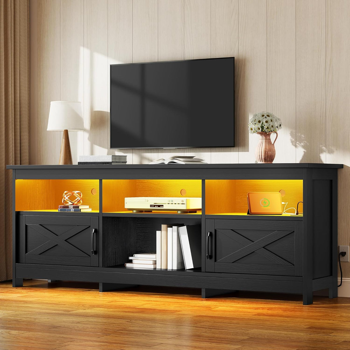 YITAHOME TV Stand for 80/75/70 Inch TVs with LED Lights, Farmhouse Entertainment Center with Storage Cabinets, Open Shelves & Adjustable Shelf for Living Room, Black