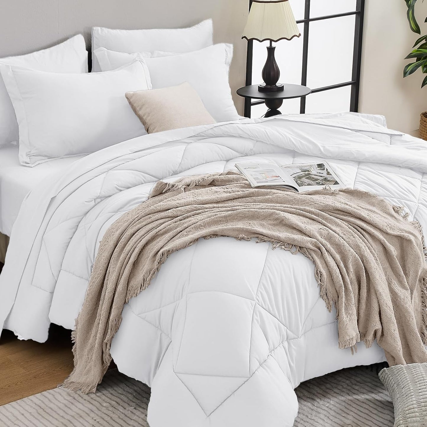 HEVUMYI Full Comforter Set - 7-Piece All Season Bed in a Bag Full, Ultra Soft Bedding Set with Comforter, Flat Sheet, Fitted Sheet, Pillowcases, Pillow Shams, White