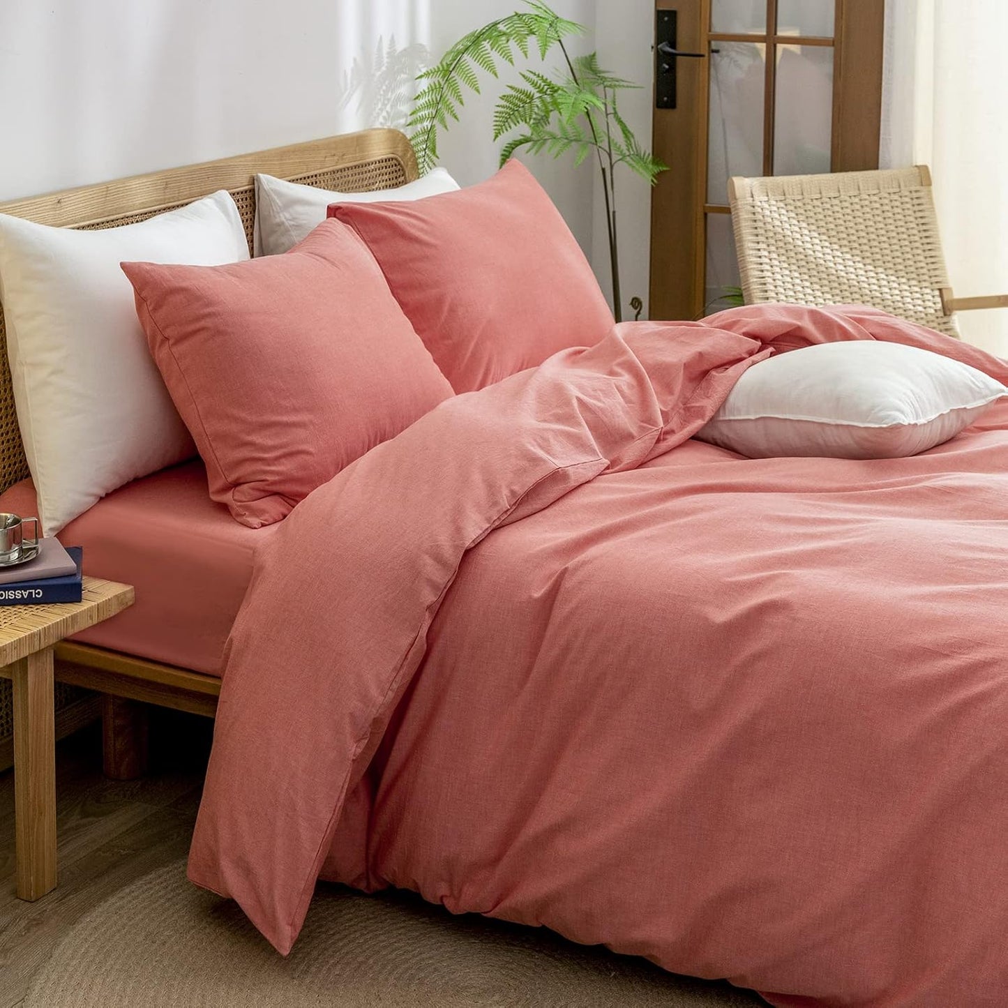 BESTOUCH Duvet Cover Set 100% Washed Cotton Linen Feel Super Soft Comfortable Chic Lightweight 2 PCs Home Bedding Set Solid Orange Twin/Twin XL