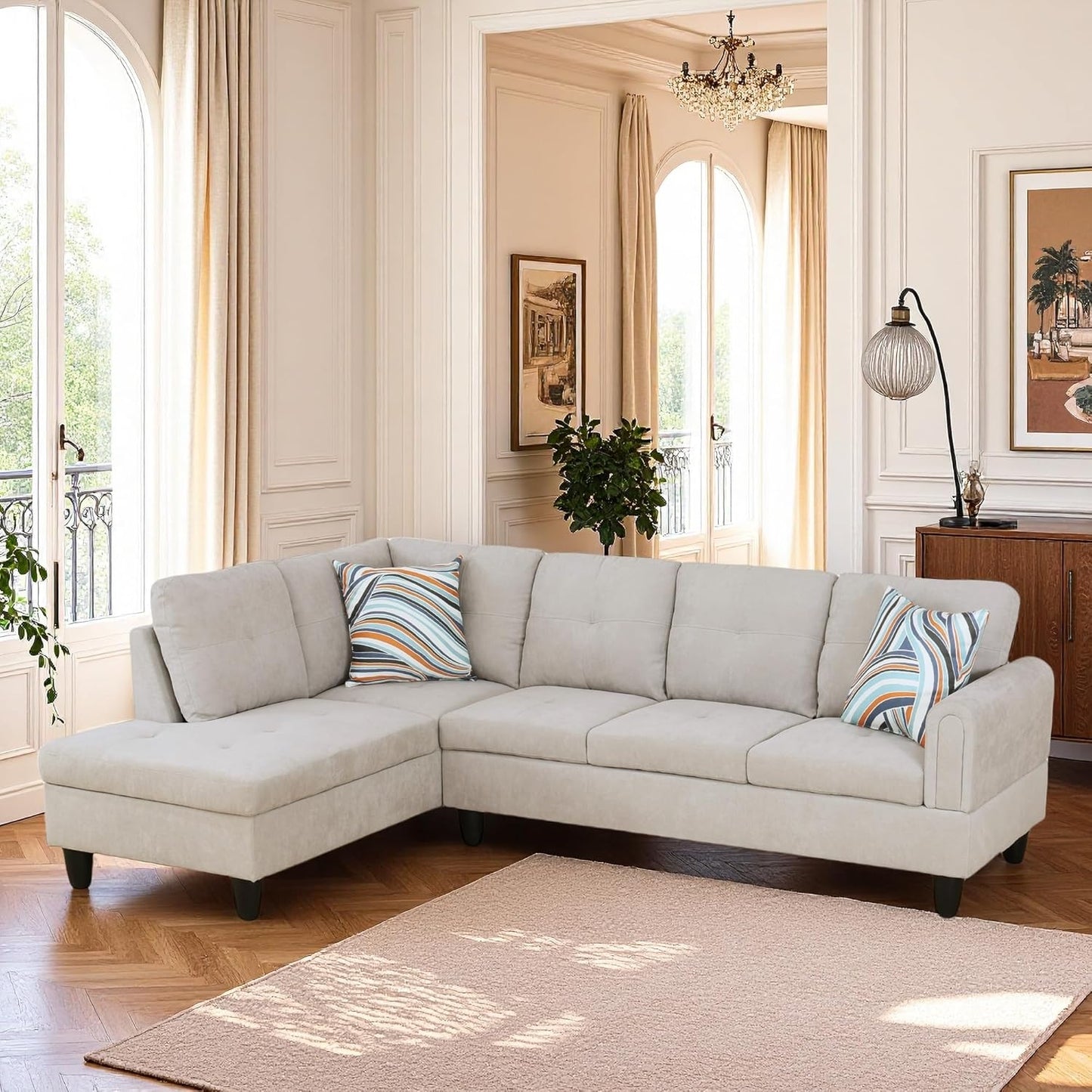 L Shaped Couch Sectional Couches with Chaise, Fluffy Fabric 3 Pieces Modular Convertible Sofa for Living Room Furniture Sets and Small Apartment, Light Grey