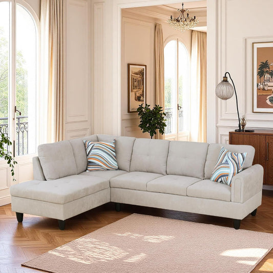 L Shaped Couch Sectional Couches with Chaise, Fluffy Fabric 3 Pieces Modular Convertible Sofa for Living Room Furniture Sets and Small Apartment, Light Grey
