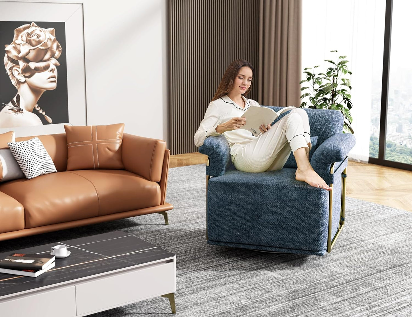KEIKI Modern Comfy Swivel Accent Reading Chair with Waist Pillows, 360°Square Upholstered Barrel Armchair Single Club Lounge Sofa Chairs for Living Room,Bedroom,Office,Blue