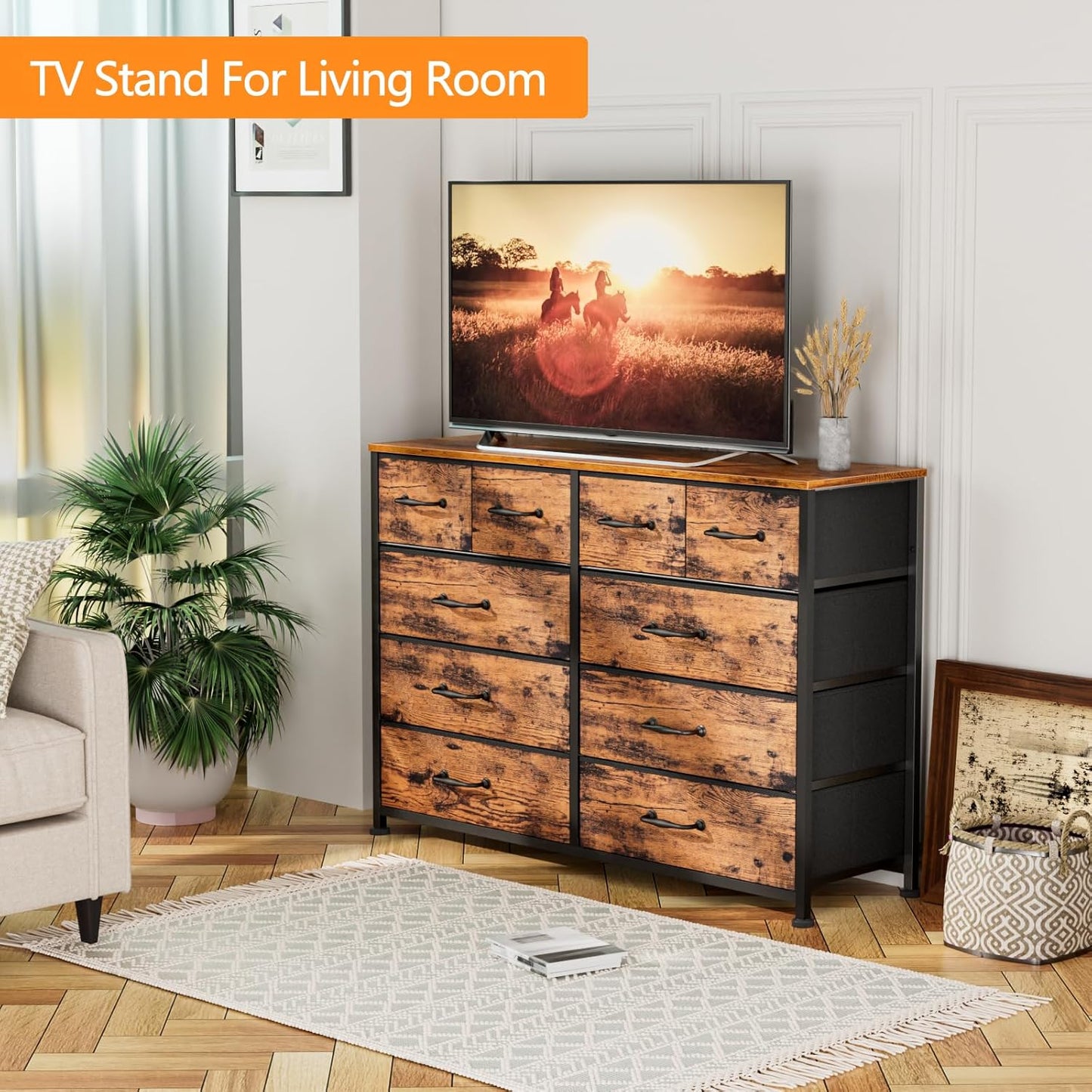 Furnulem Bedroom Dresser for 55”Long TV Stand,10 Storage Organizer Dressers & Chests of Drawers, Sturdy Metal Frame & Wood Top Tall Storage Cabinet for Bedroom Closet Living Room Entryway Rustic Brown