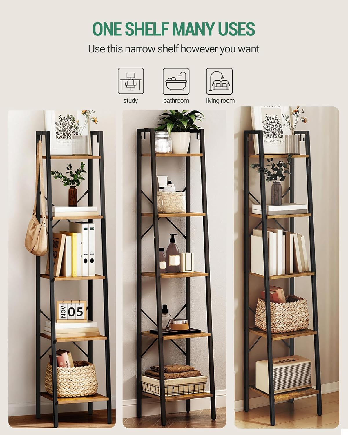 Ladder Shelf, Bookshelf Bookcase, Freestanding Corner Storage Shelve with 2 Hooks for Home Office, Living Room, Kitchen, Bedroom, Industrial, 5-Tier Rustic Brown BC03201B