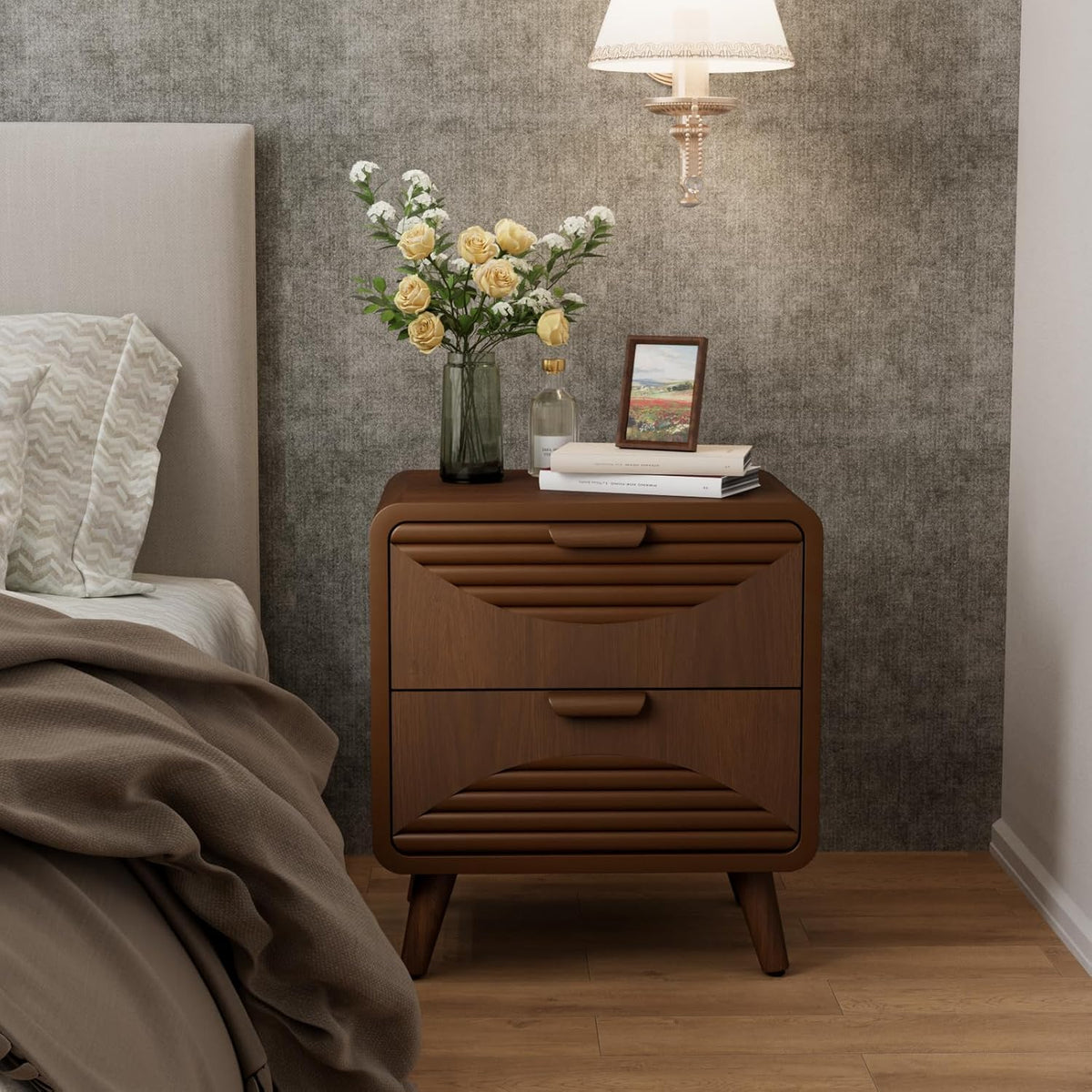 COSIEST Mid-Century Nightstand, Vintage Accent Furniture w 2 Storage Drawers, Modern End Table w Striped Pattern, Wood Small Accent Table for Bedroom, Living Room(Brown,2 Pieces)