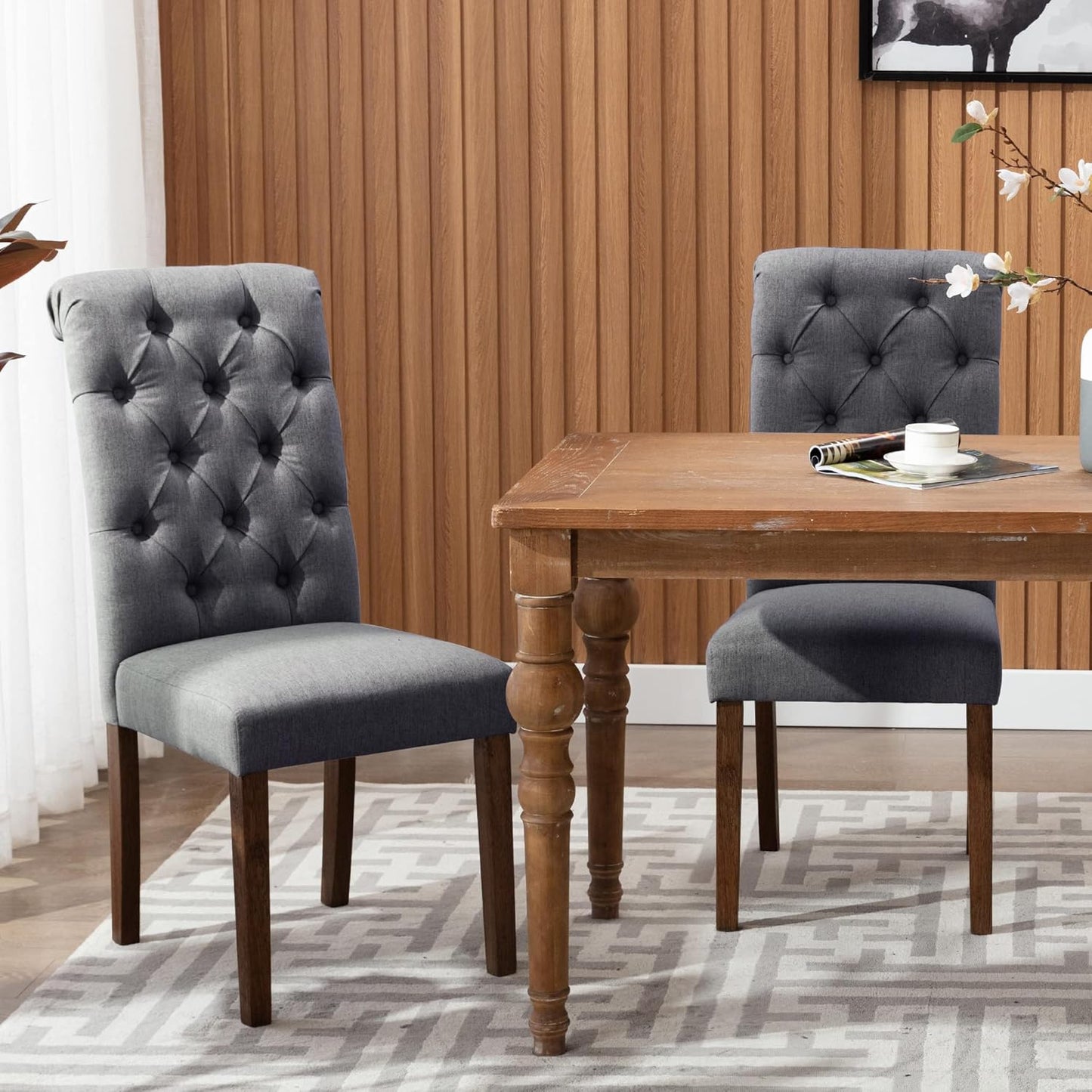 COLAMY Button Tufted Dining Chairs Set of 4, Parsons Upholstered Fabric Dining Room Chairs Kitchen Chairs with Wood Legs and Padded Seat, Dark Grey