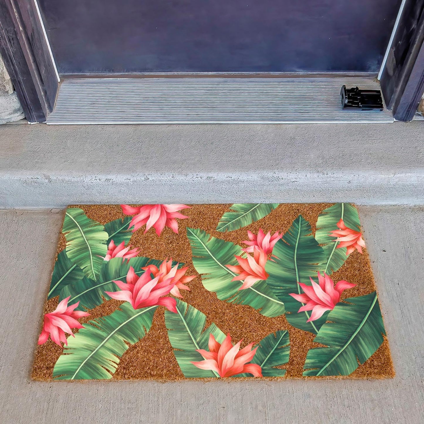 Funny Coir Doormat Beautiful Print with Palm Tree Leaves Front Door Mats Entryway Outdoor Mat with Heavy Duty Front Porch Welcome Mats Entry Natural Coir House Warming Gift Mat 23.7 x 15.7 inch