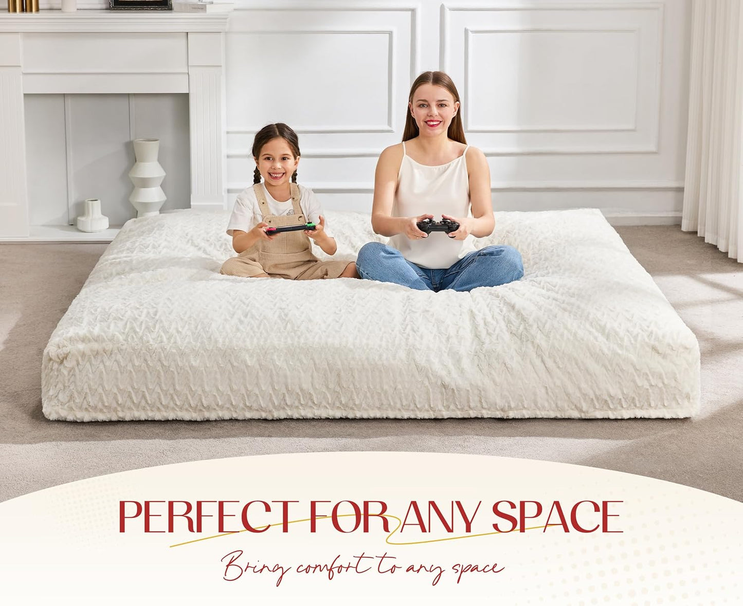 Hobestluk Bean Bag Chair Convertible Beanbag Chairs for Adults, 3 in 1 Bean Bags with Plush Chevron Cover, Adult Bean Bag Chair for Living Room, Bedroom (White, Full)