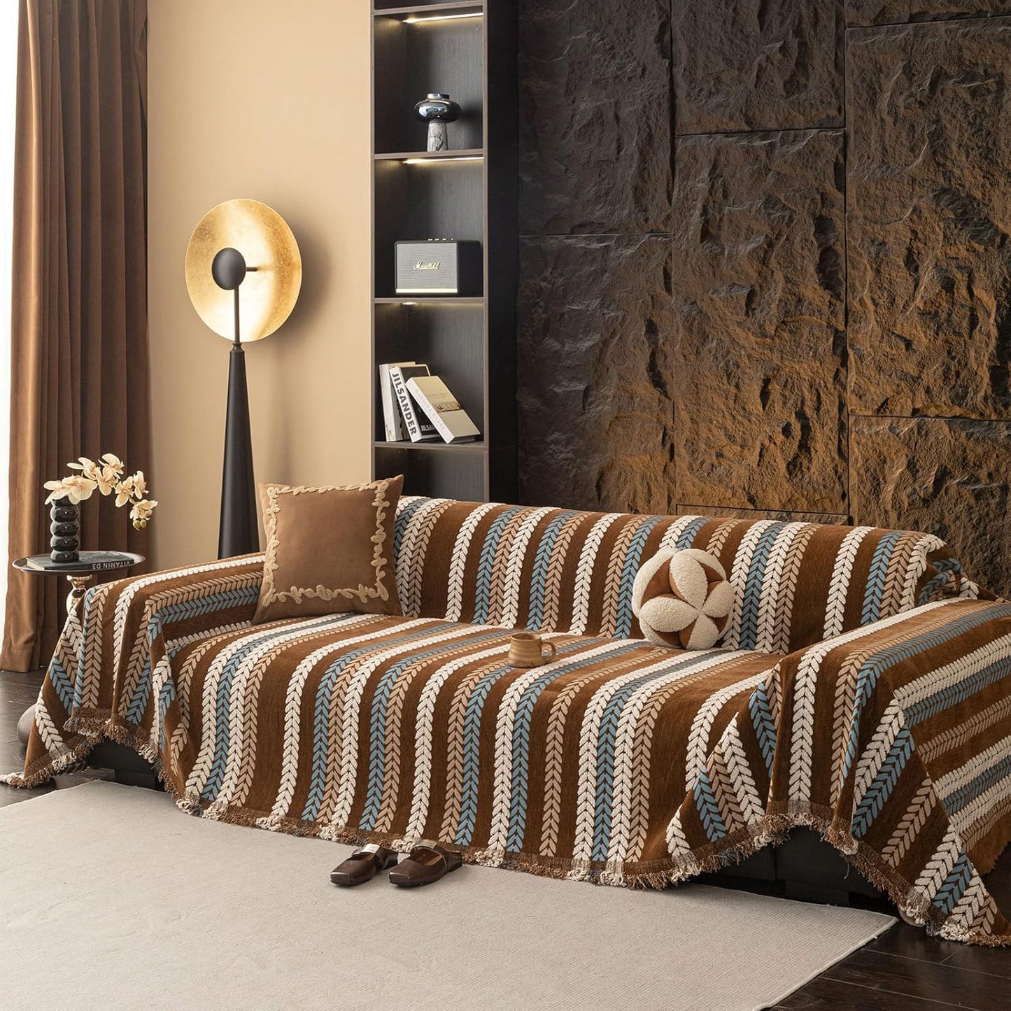 STACYPIK Khaki Jacquard Leaves Sofa Cover, Vintage Couch Cover for Dogs, Washable Pet Protector for 3 Cushion Couch, Non-slip Chenille Sofa Covers for Loveseat, Boho Couch Cover for Sectional-71X150IN