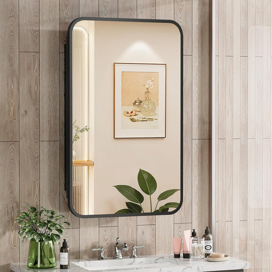 16x24 Inch Black Mirror Medicine Cabinet Metal Framed Recessed Wall Mounted Bathroom Medicine Cabinet with Mirror and Storage