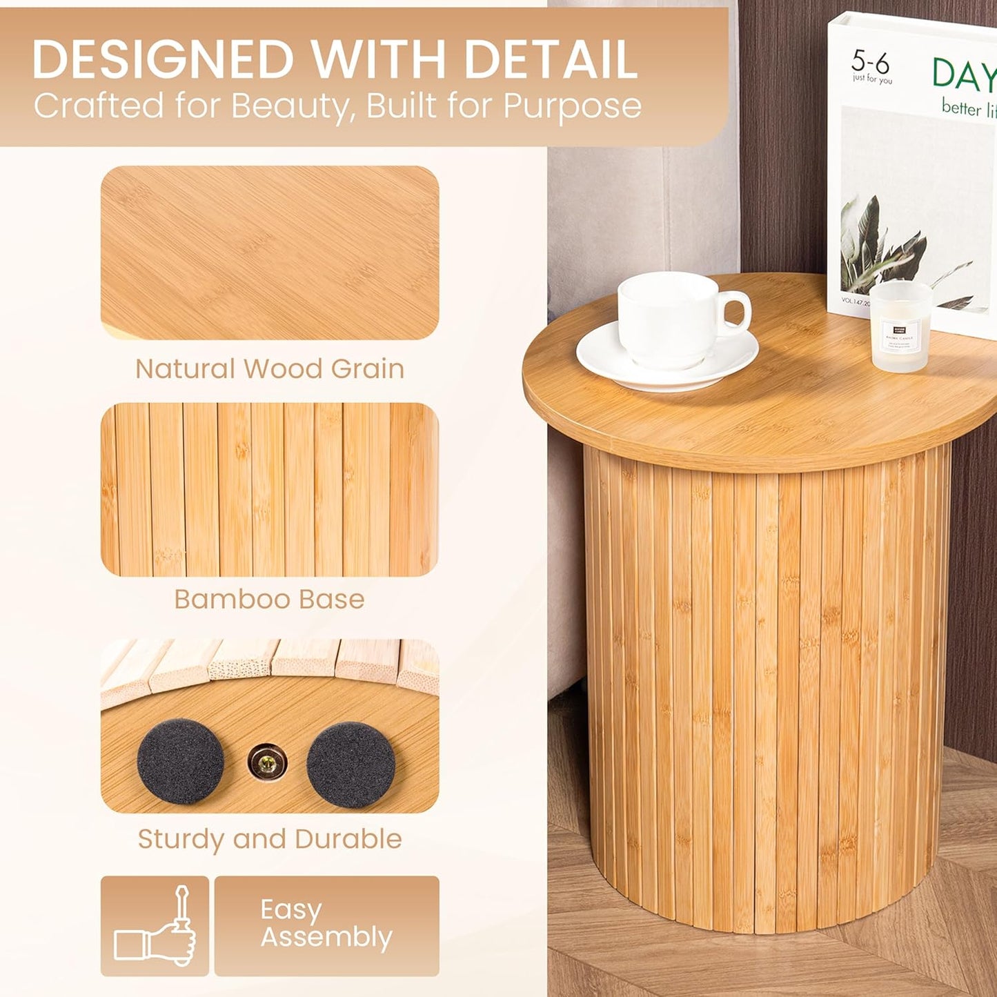 Handcrafted Round Fluted Pedestal End Table with Natural Wood Grain & Bamboo Base – Round Side Table, Coffee Table, Drink Table, Bedside Table for Bedroom, Living Room - 15.7” x 17.8” x 12”