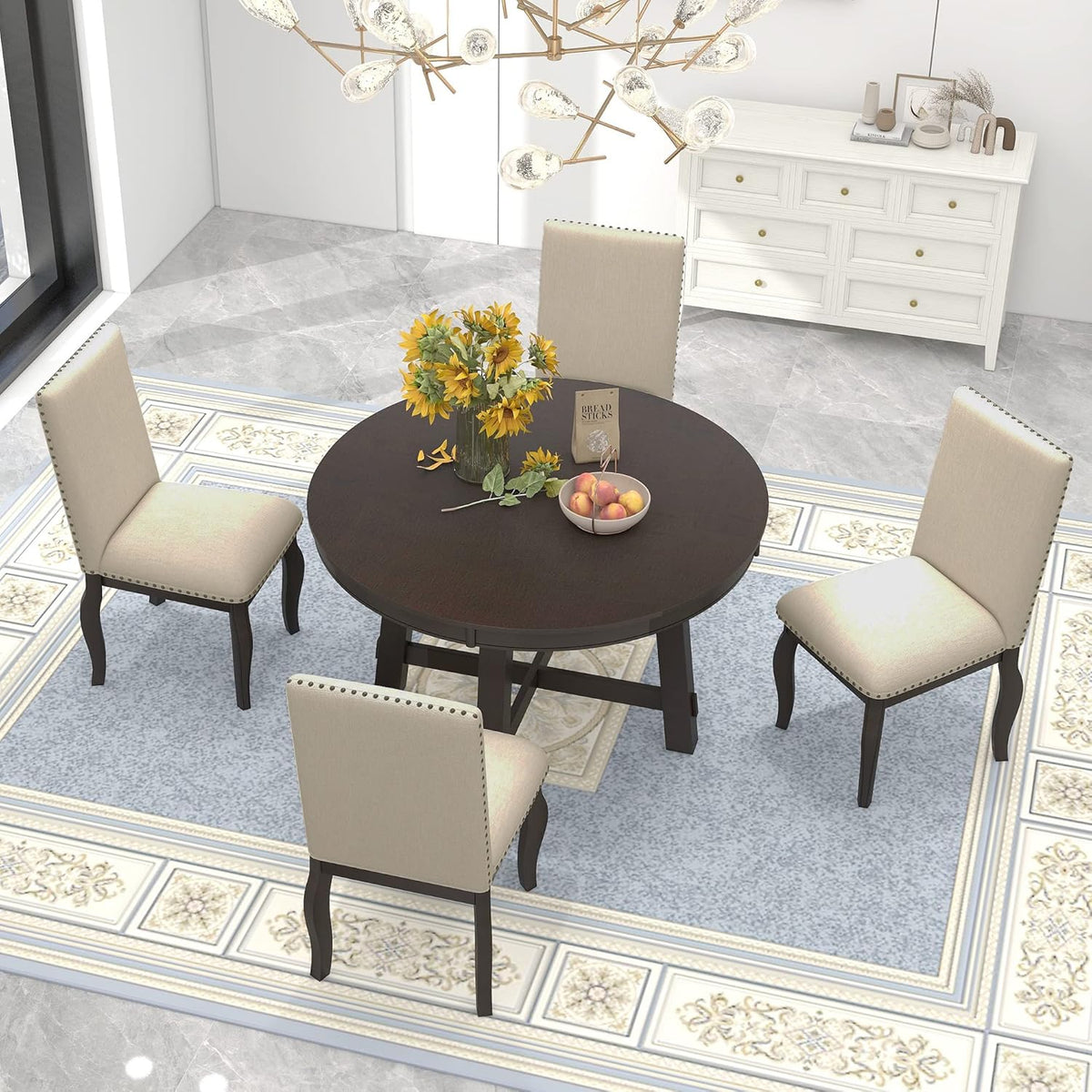 5 Pieces Dining Table Set with 43" Round Extendable Desk,Living Room Furniture W/ 4 Upholstered Curved Legs Chairs,for Restaurant,Home Bistro,Espresso