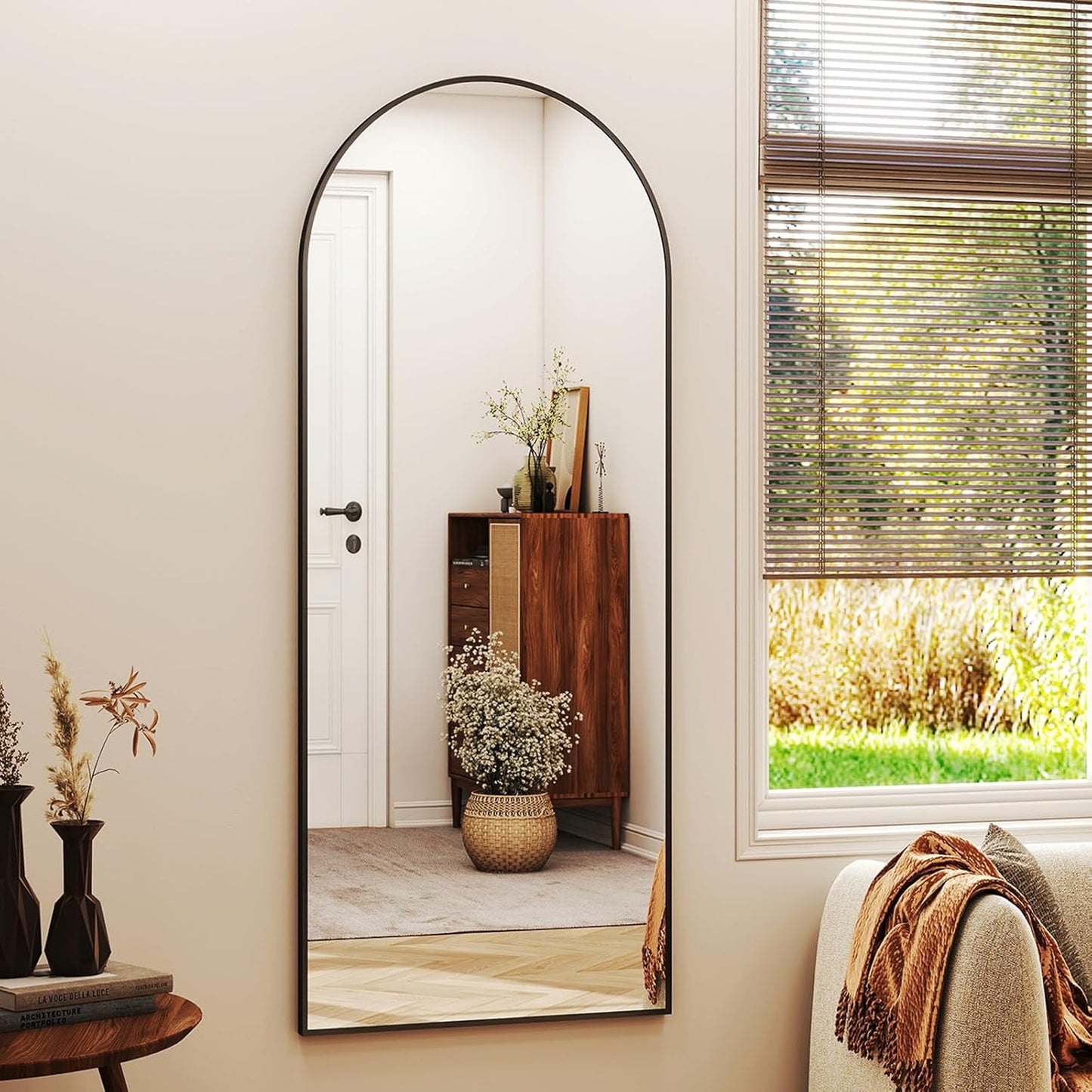 56"x21" Arched Full Length Mirror Floor Mirrors with Aluminum Alloy Frame Free-Standing Wall Mounted Floor Mirrors or Large Dressing Mirror, Black Mirror Full Length