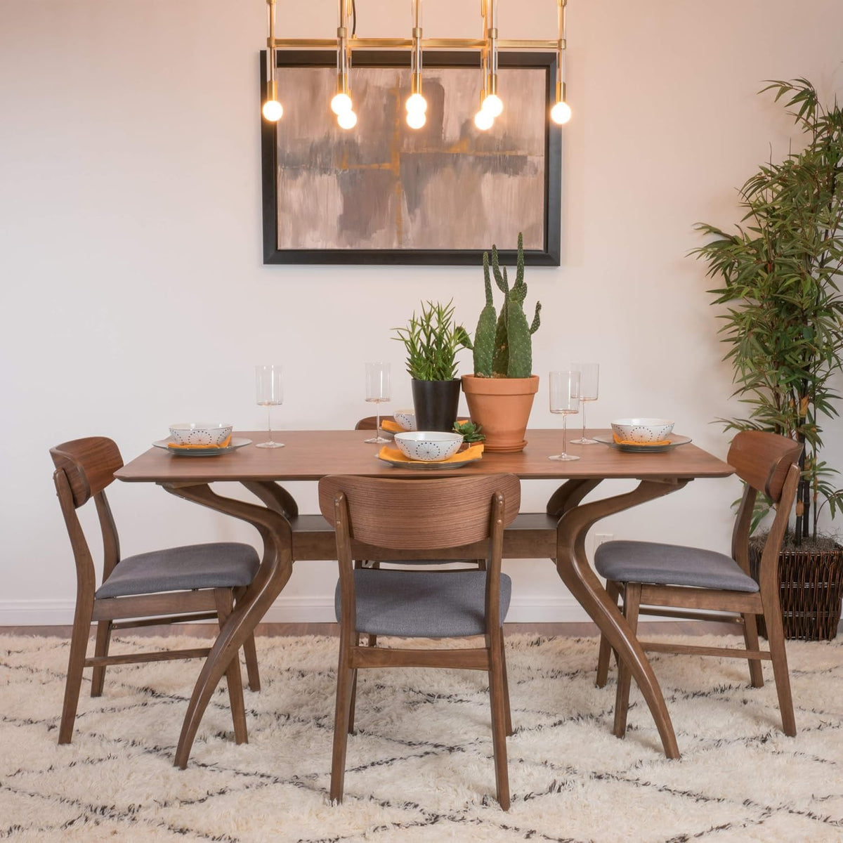 Christopher Knight Home Lucious Curved Leg Rectangular Dining Set, 5-Pcs Set, Natural Walnut / Dark Grey