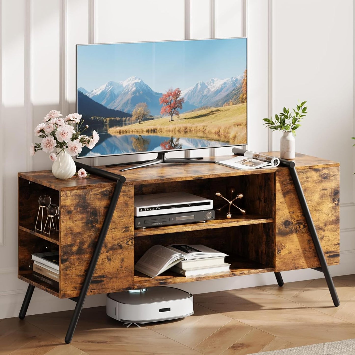 Garvee 47 Inch TV Stand with Slanted Metal Legs, Industrial Media Console with Adjustable Open Shelves, Wooden Entertainment Center Television Stand for Living Room, Bedroom, Orange Oak