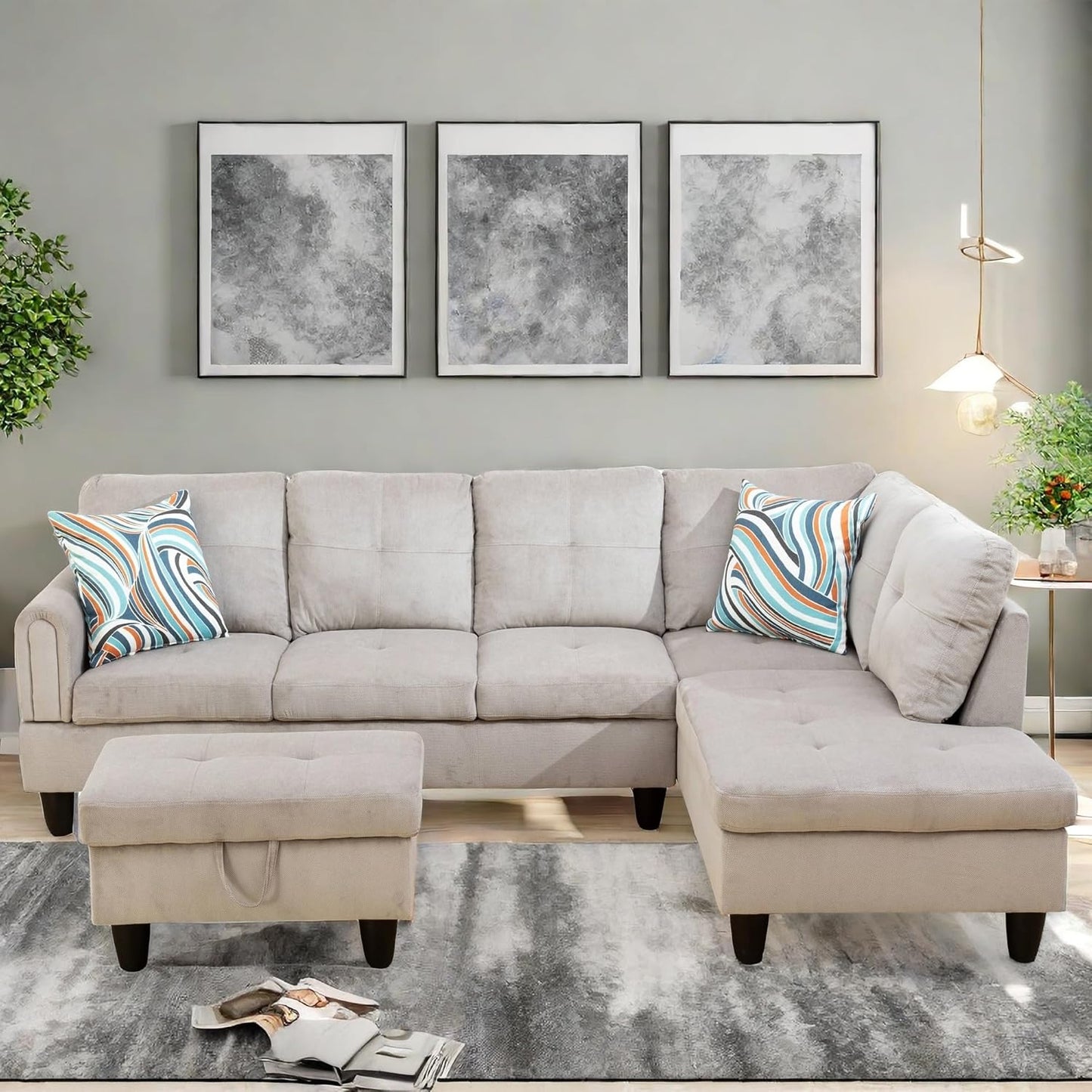 Convertible Sectional Couch, Large L Shaped Couch with Storage, Modern Modular 5-Seat Sectional Sofa with Ottomans for Living Room and Office, Grey White