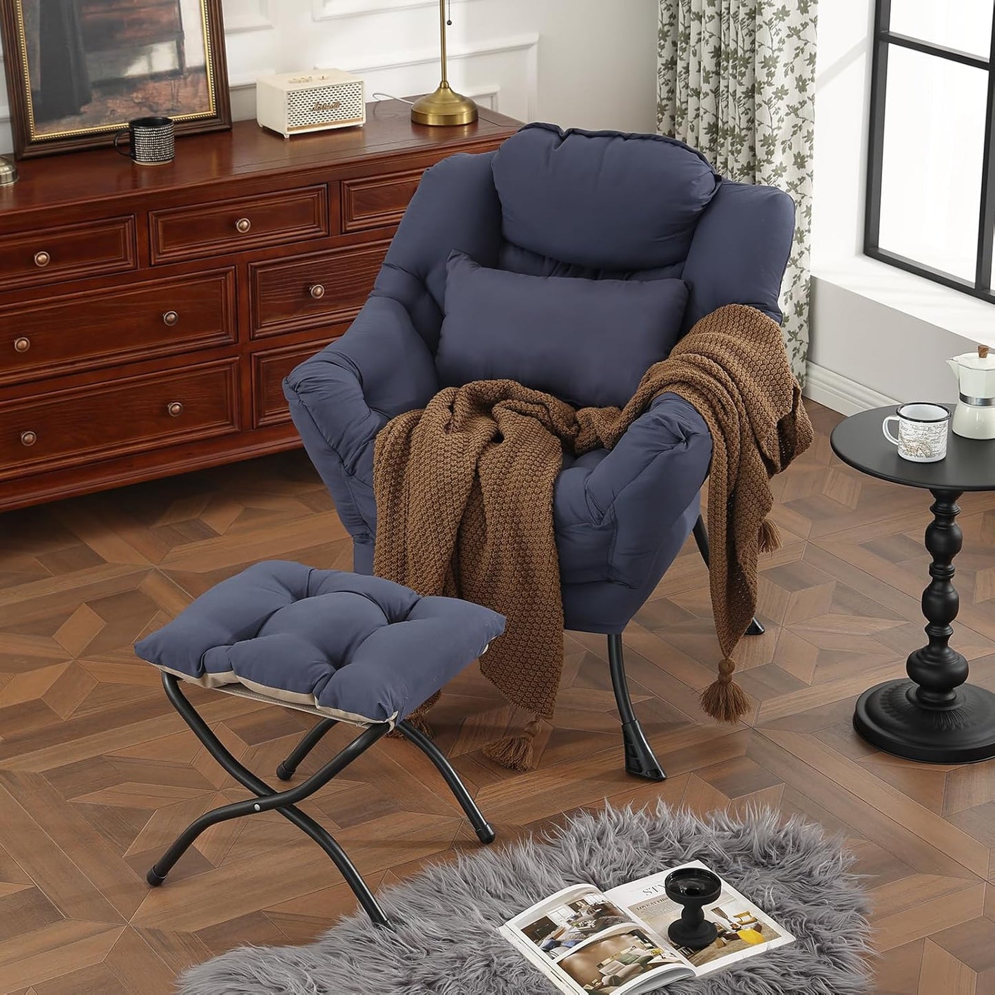 Lazy Chair with Ottoman, Modern Accent Chair with Lumbar Pillow, Comfy Chairs with Folding Footrest for Bedroom, Reading, Oversized Supportive Lounge Chairs(Navy Blue)