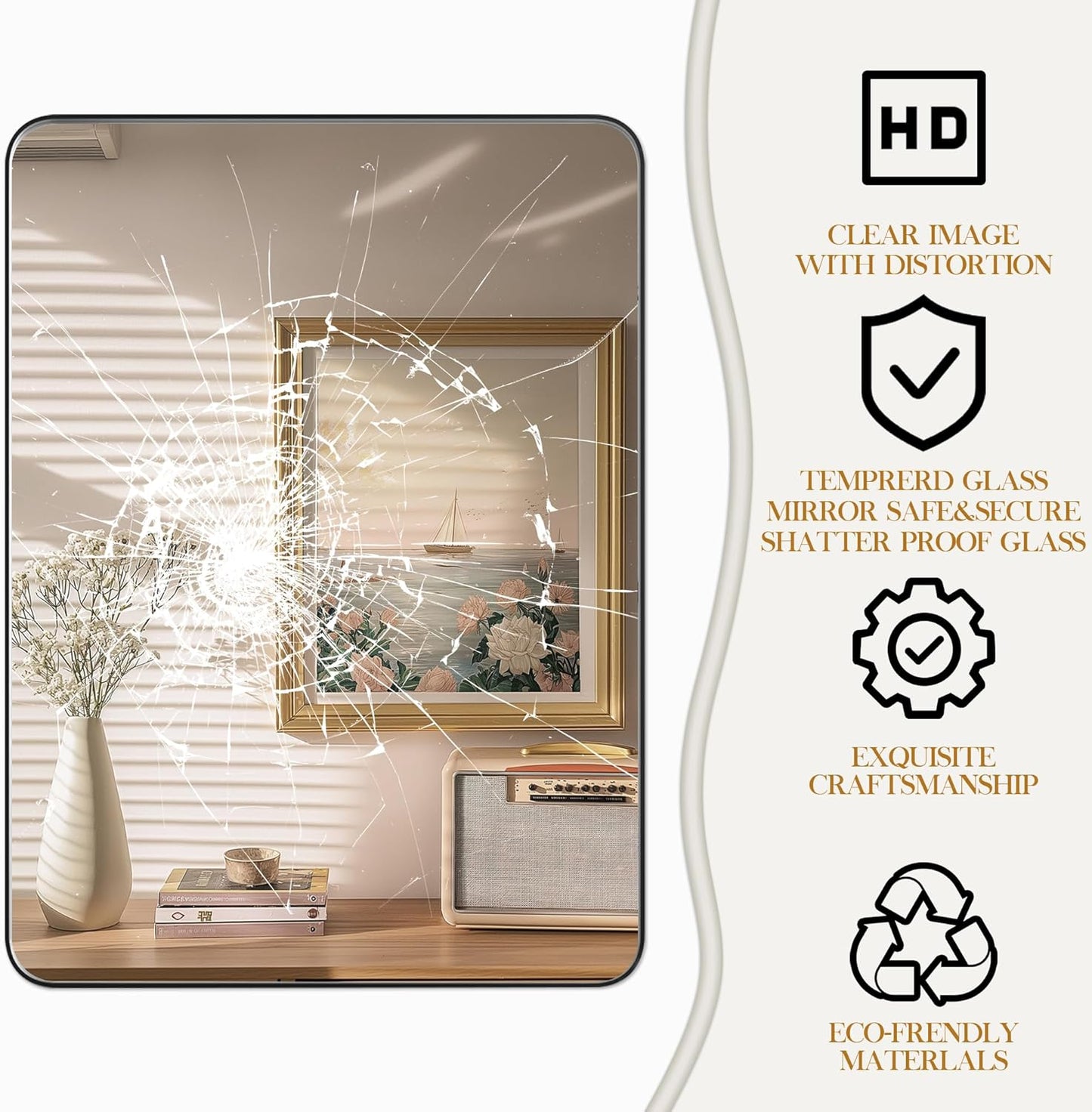 55×36 Black Bathroom Mirror, Rectangular Bathroom Vanity Mirror for Wall with Rounded Corners & Aluminum Alloy Frame, Tempered-Glass, Modern, Farmhouse, Horizontal/Vertical, Entryway, Bedroom