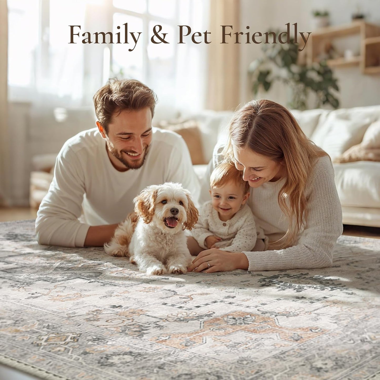 GENIMO 9x12 Area Rugs for Living Room, Non Slip Machine Washable Vintage Rugs, Low Pile Lightweight Chenille Print Large Rug for Bedroom, Dining Room, Home Office, Light Taupe Brown