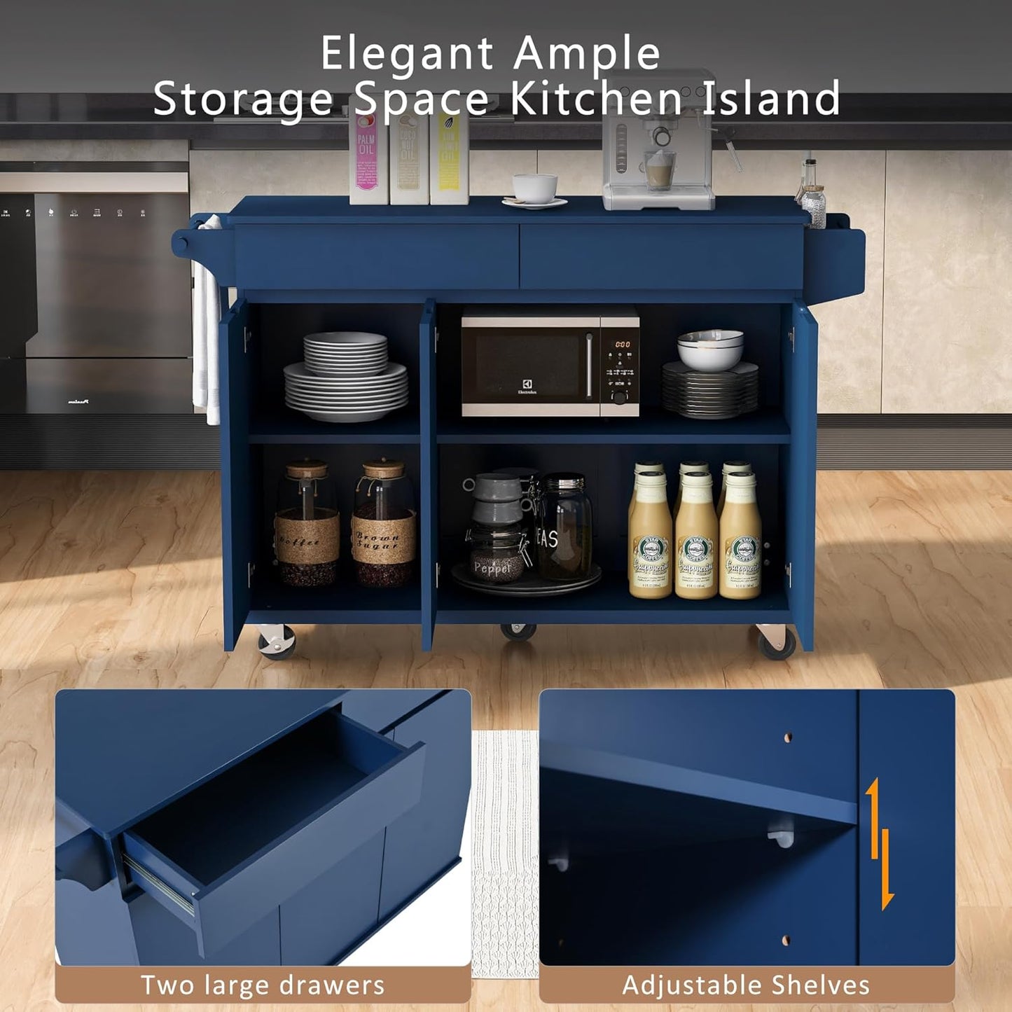 53" Kitchen Island with Drop Leaf,Dining Storage Cart W/Spice Rack,Towel Rack and 2 Drawers,Rolling Island on Wheels W/Adjustable Shelves for Kitchen,Dining Room,Navy Blue