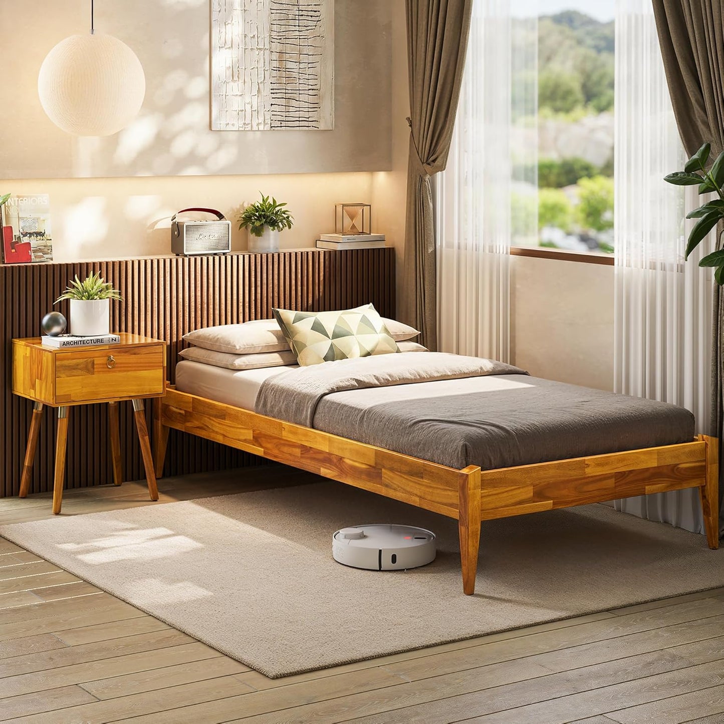 Bme Dinkee Twin Bed Frames without Headboard, Acacia Wood 15 Inch Platform Bed, Slat Support, Japanese Joinery Bed, No Box Spring Needed, Easy Assembly, Minimalist Modern and Bohemian Style, Caramel