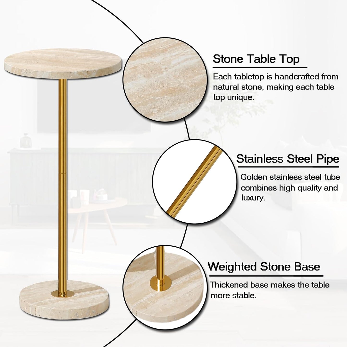 Φ9.8-inch Marble Round Drink Table, Stone Finish Pedestal End Table for Living Room, Weighted Base Small Accent Side Table for Small Space Office - Beige