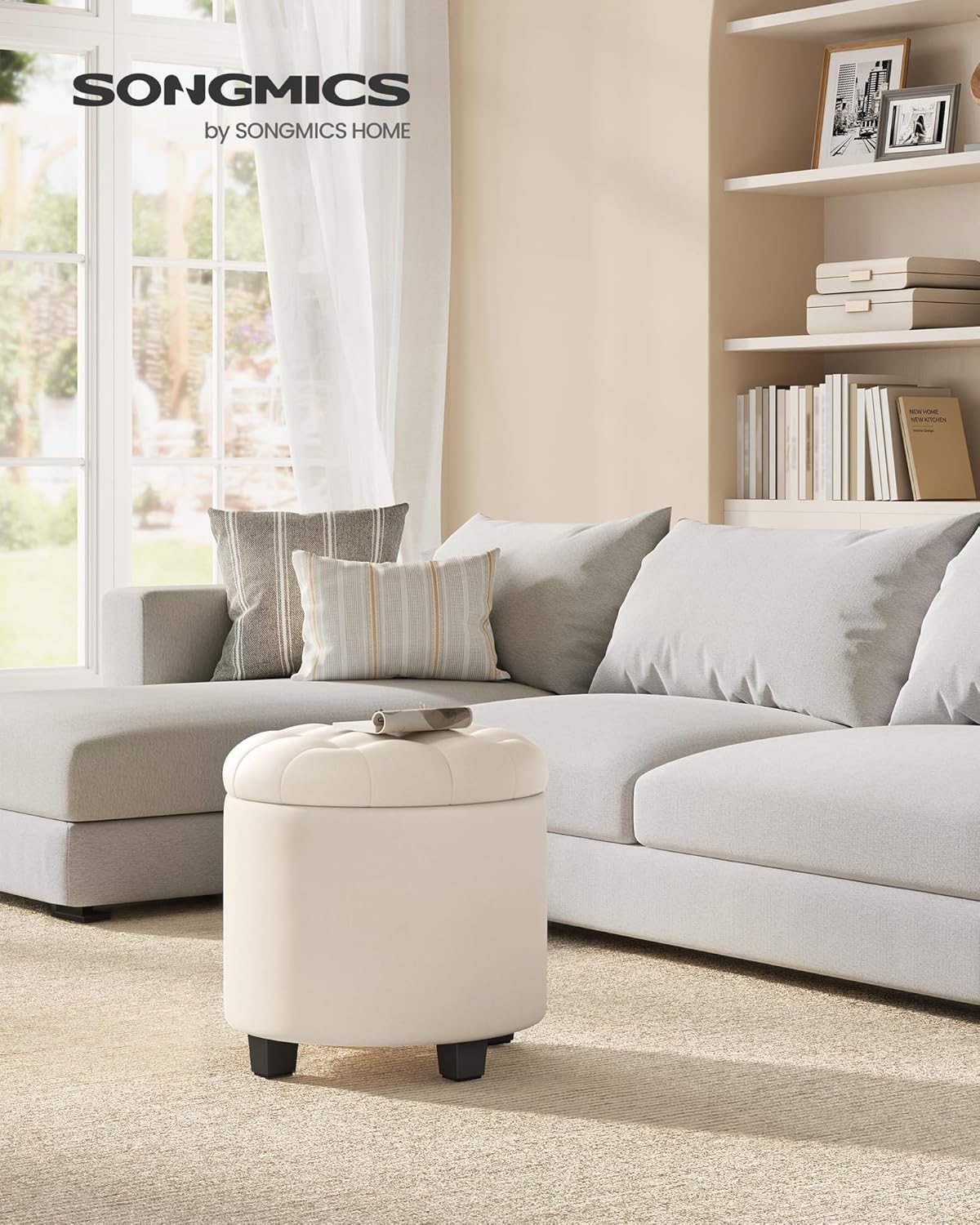 SONGMICS Round Ottoman, Ottoman with Storage, 17.7 x 17.7 x 17.5 Inches, Foot Rest with Legs, Linen-Look Fabric, Load up to 330 lb, for Living Room, Bedroom, Light Beige ULOM011W01