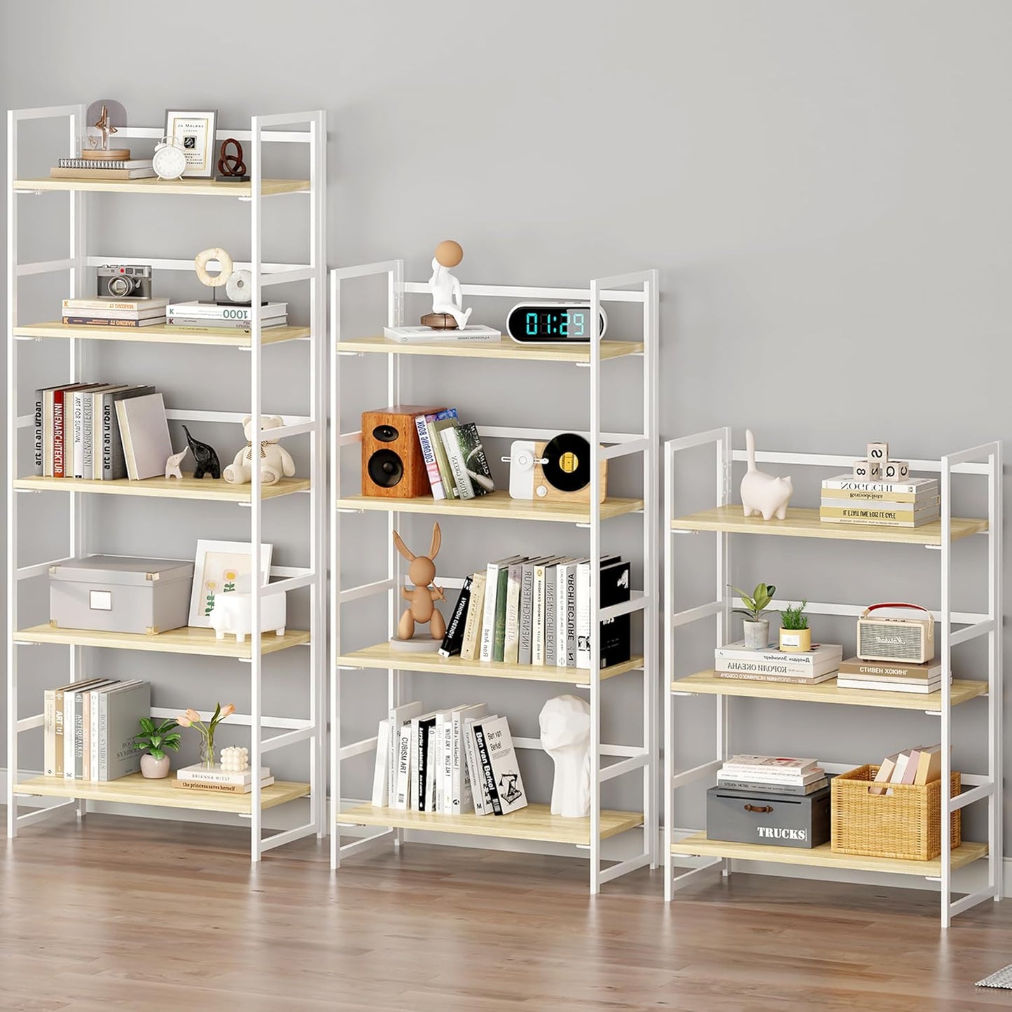 BHG Vintage Multifunctional Folding Bookshelf, No-Assembly Plant Stand Storage Rack Shelves for Home Office (White, 5-Tier)