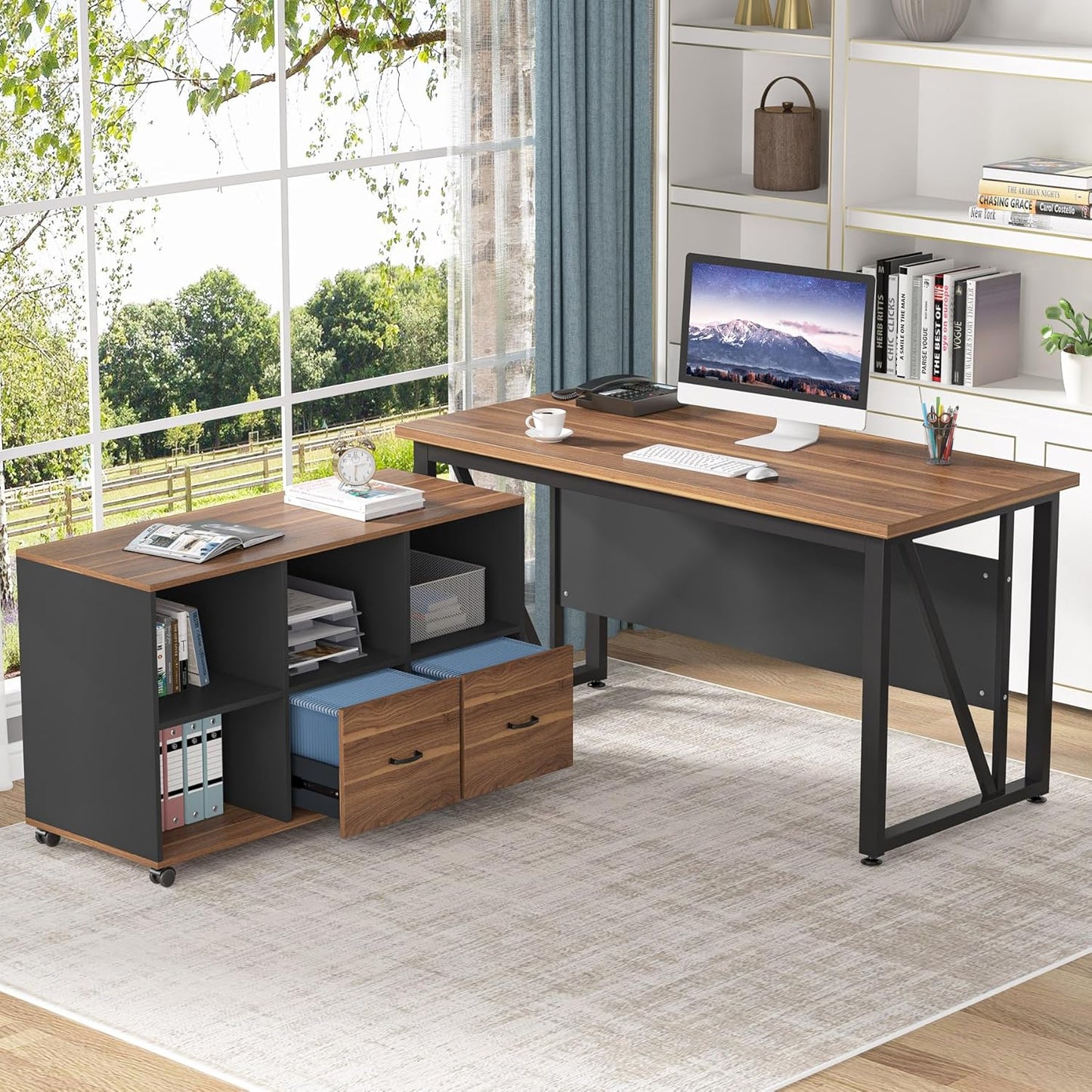 Tribesigns 55-Inch Executive Computer Desk with 43-Inch Lateral File Cabinet, Large Workstation Business Furniture, L Shaped Desk with Drawers and Storage Shelves for Home Office, Walnut